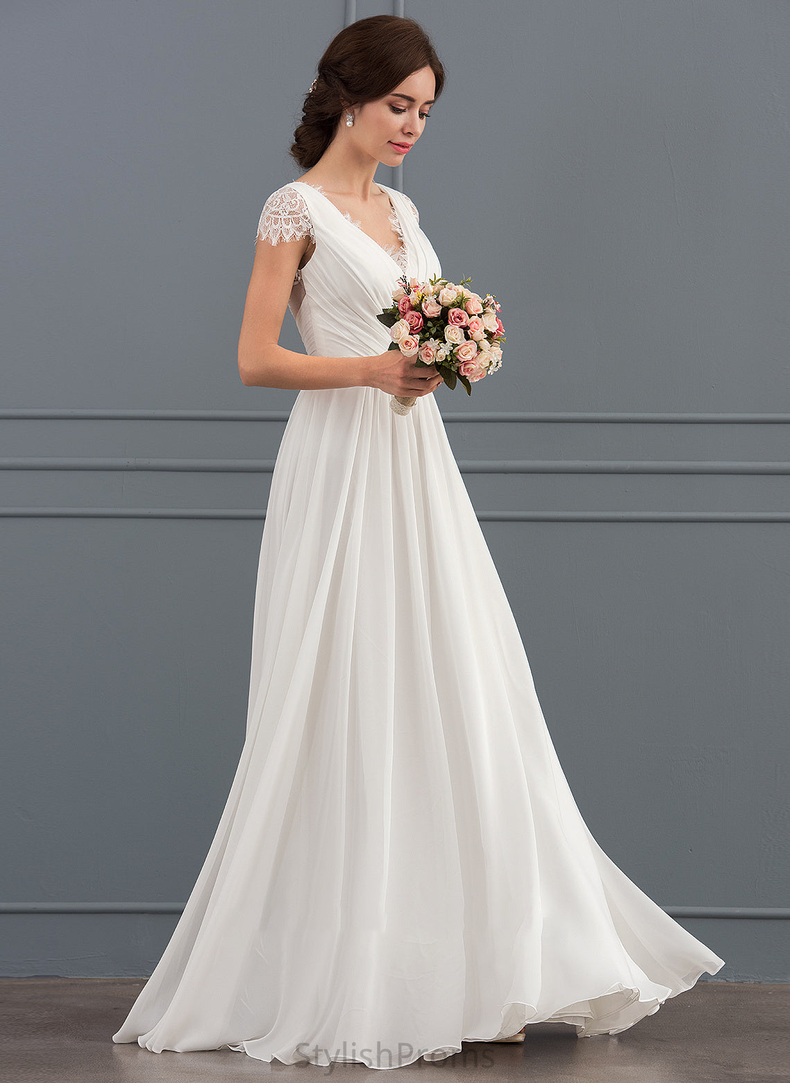 Elyse V-neck Wedding With Wedding Dresses Floor-Length Dress Ruffle A-Line Chiffon Lace