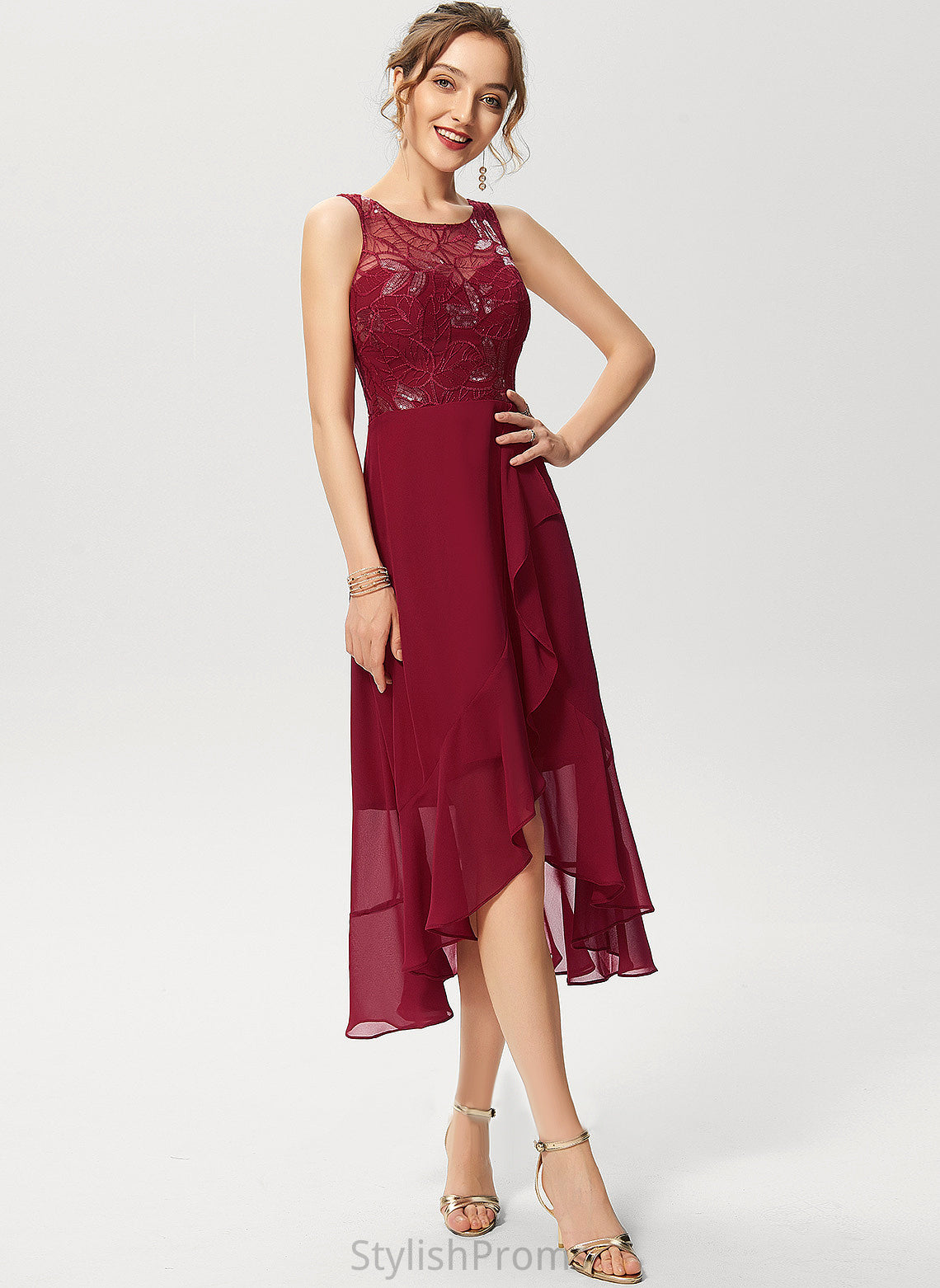 Chiffon Lillianna Sequins Asymmetrical Cocktail A-Line With Ruffles Neck Dress Scoop Lace Cascading Cocktail Dresses