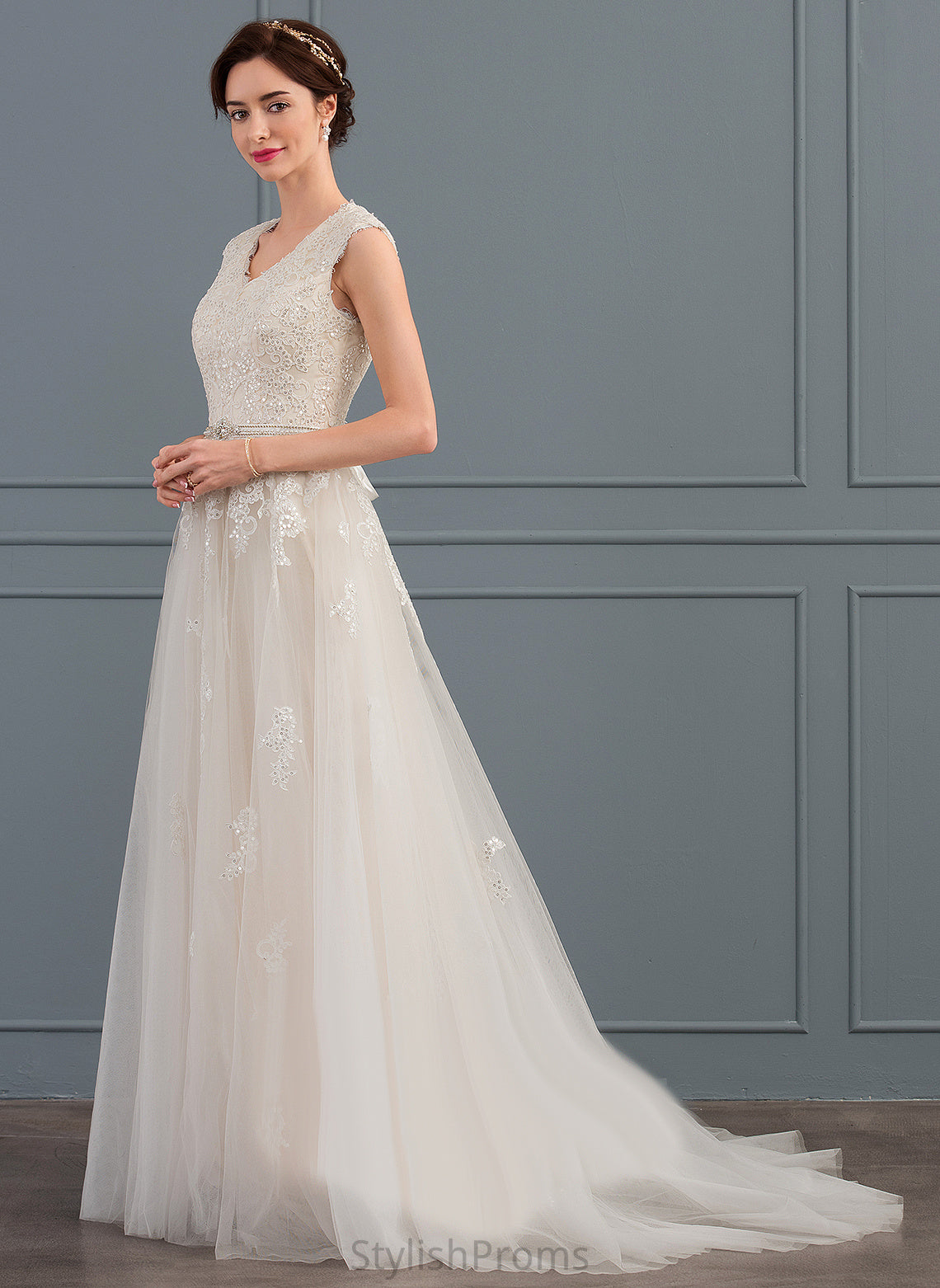 Tulle Dylan With Wedding Train Lace Sequins Wedding Dresses A-Line Dress V-neck Bow(s) Beading Sweep