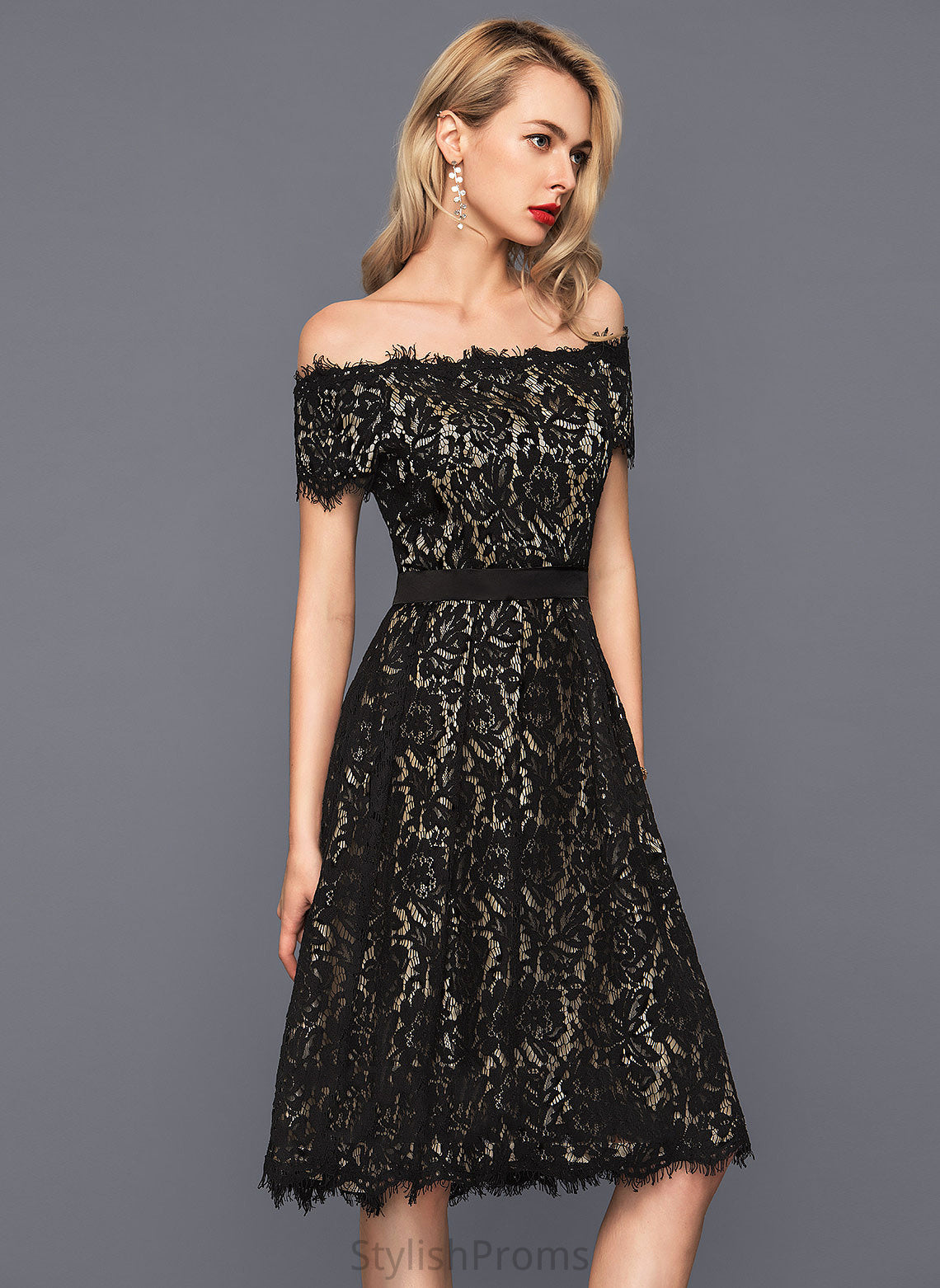 Lace Charmeuse Jadyn Off-the-Shoulder A-Line Dress Cocktail Cocktail Dresses Knee-Length