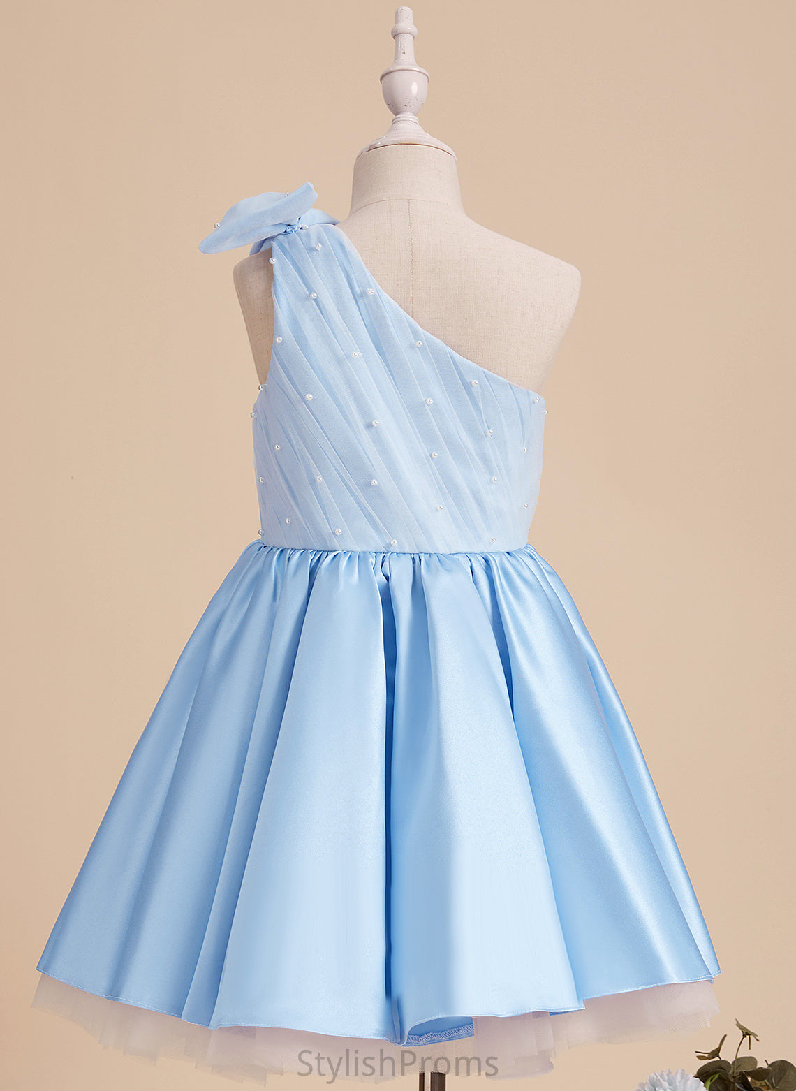 Logan Dress Beading/Bow(s) Knee-length Flower With Sleeveless Girl - Satin/Tulle A-Line One-Shoulder Flower Girl Dresses