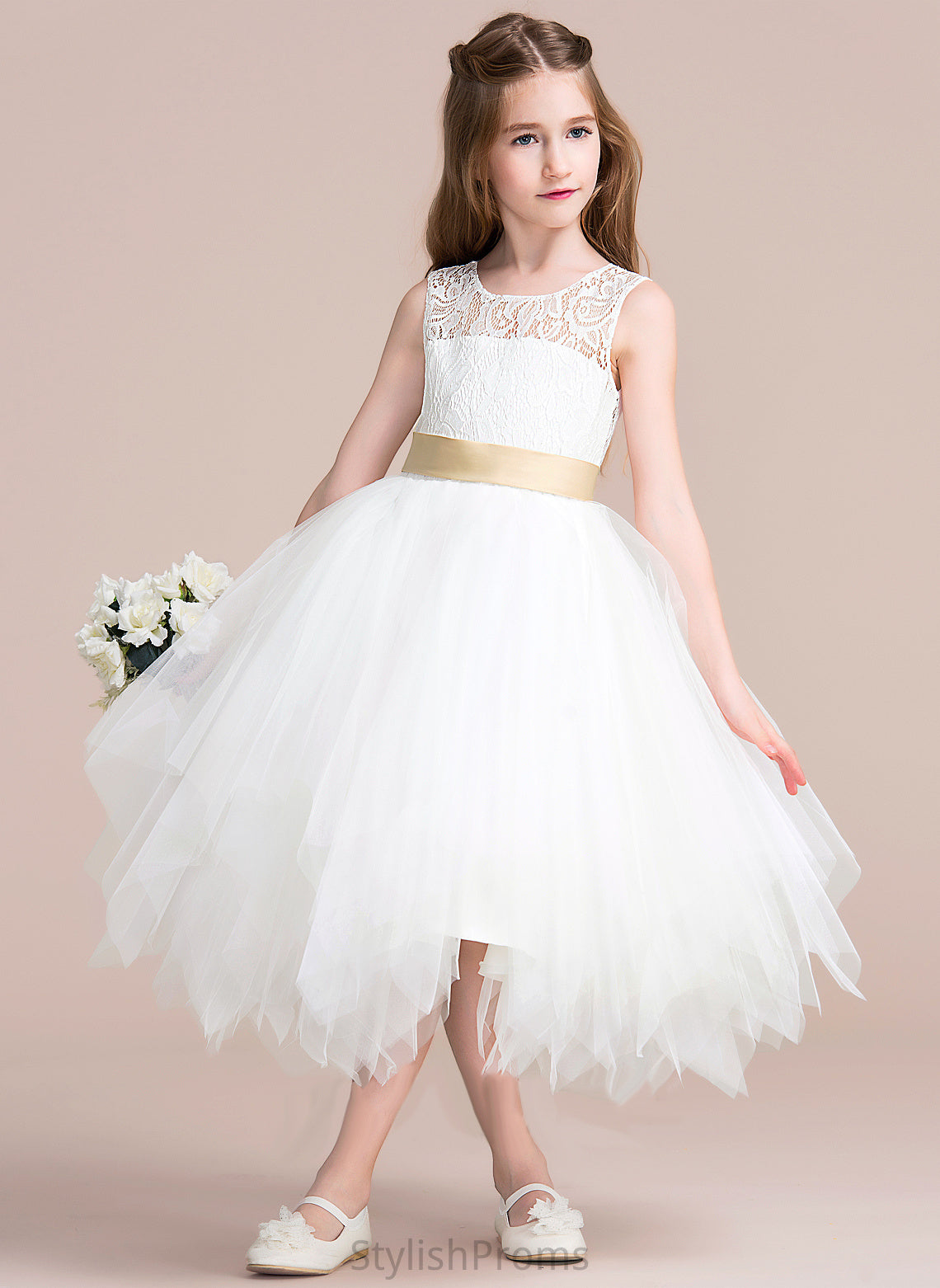 Sleeveless Tulle/Lace Dress (Detachable Scoop Maci Hole Flower Girl Dresses Flower With - sash) Sash/Back A-Line Neck Tea-length Girl