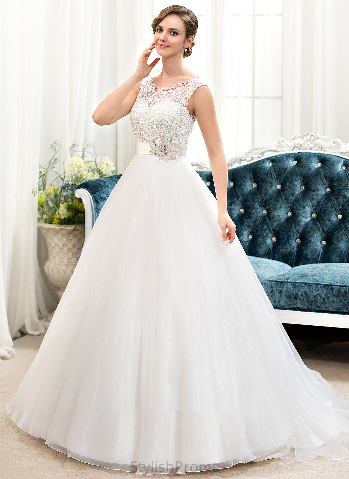 Ball-Gown/Princess Organza Train Lorena Neck Dress Scoop Lace With Sequins Beading Sweep Wedding Wedding Dresses