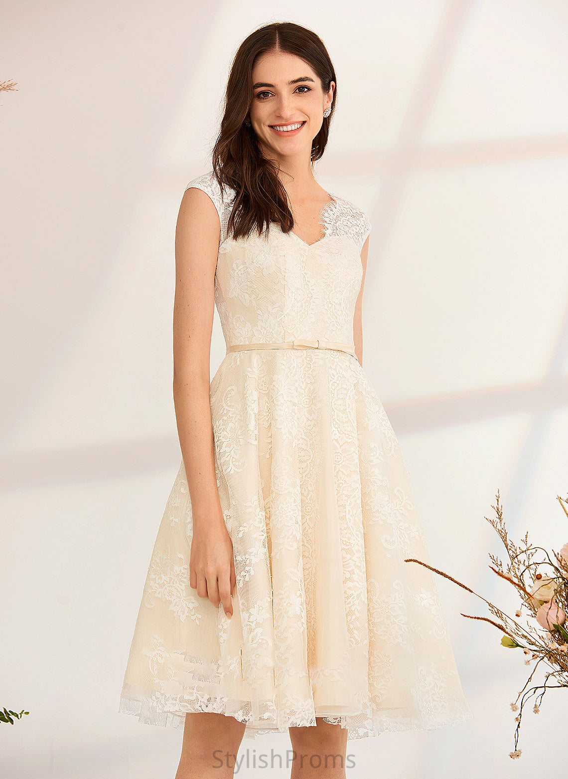 Knee-Length Wedding Dresses V-neck Lace With A-Line Angela Wedding Dress