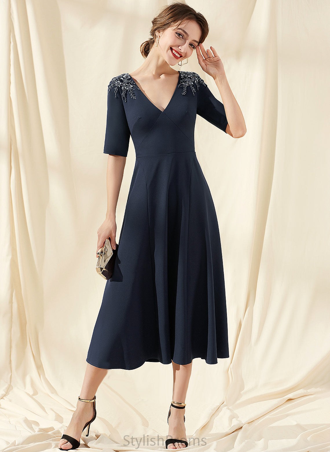 Cocktail Dresses Stretch Cocktail With Beading Crepe Tea-Length A-Line V-neck Elianna Dress