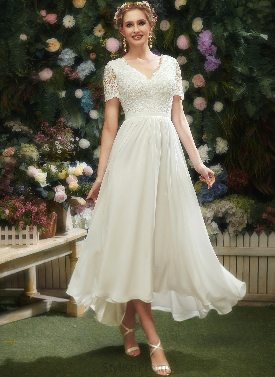 A-Line Wedding Dresses Dress Erika V-neck Chiffon Lace Asymmetrical Wedding