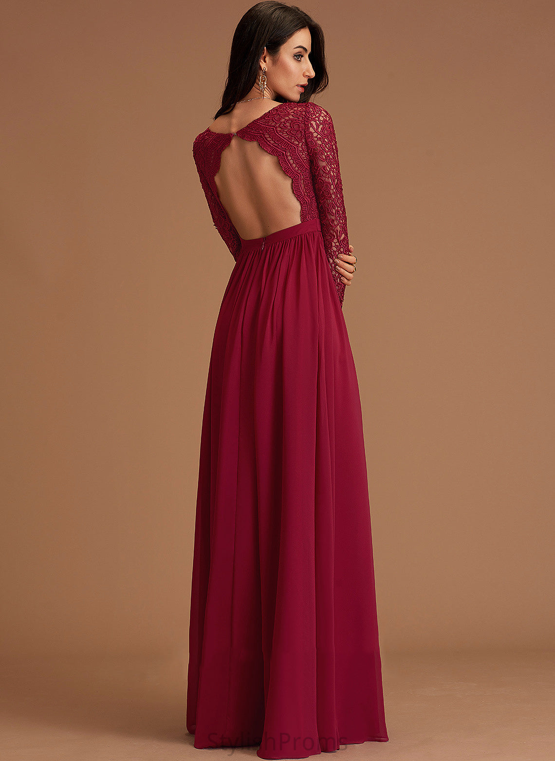 Long Francesca Chiffon Chiffon Sleeves A-line Lace Maxi Dresses V-Neck Club Dresses