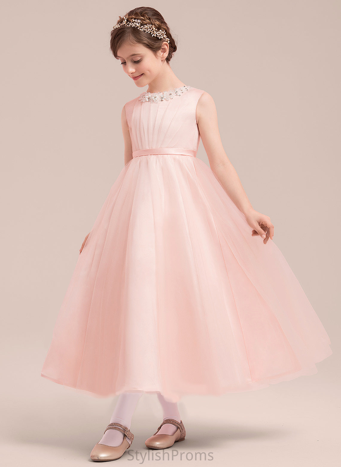 Flower Girl Dresses Dress With Flower Melody A-Line/Princess Beading/Bow(s) Neck Sleeveless Girl Ankle-length Scoop - Satin/Tulle