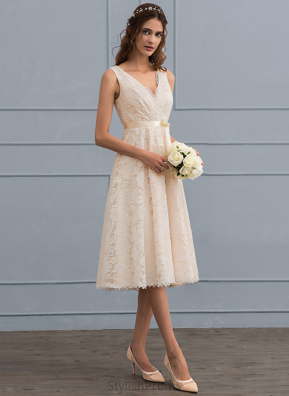 V-neck A-Line Jamiya Wedding Knee-Length Lace Bow(s) Dress With Wedding Dresses