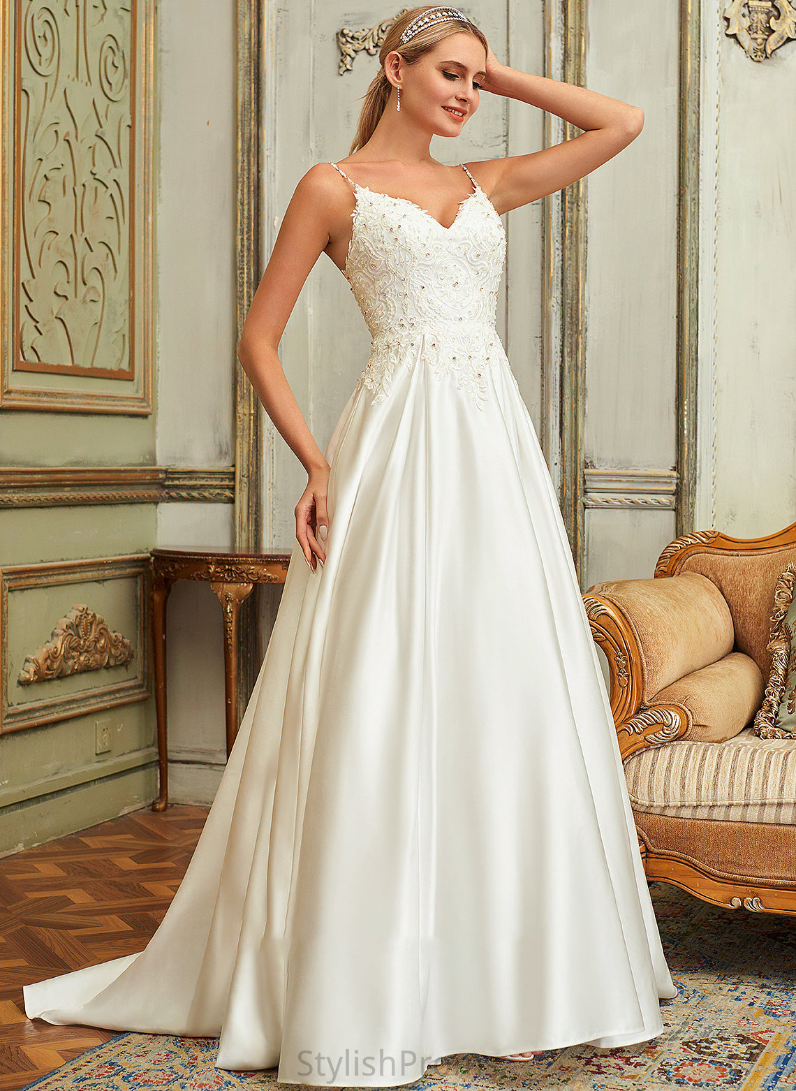 V-neck Train Satin Penelope Sweep Dress Beading Wedding Dresses Ball-Gown/Princess Sequins With Pockets Lace Lace Wedding