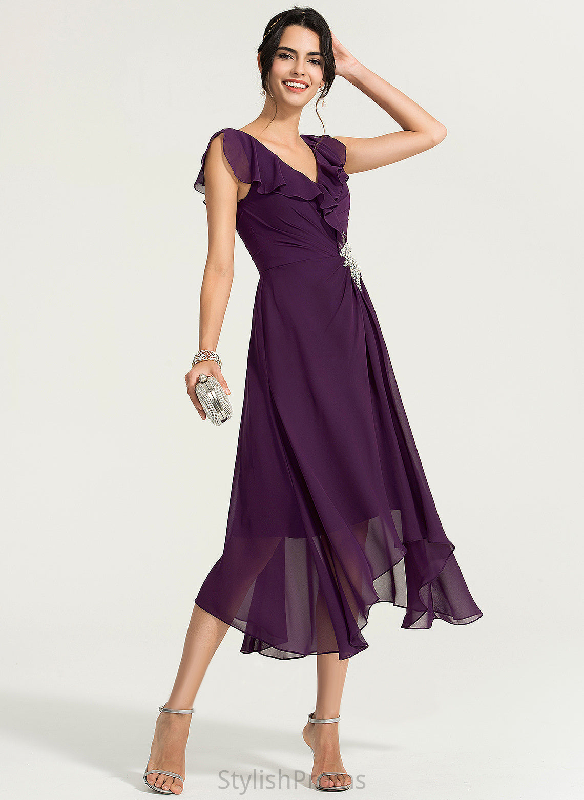 Zariah Cocktail Asymmetrical Cocktail Dresses With Chiffon Dress V-neck A-Line Beading