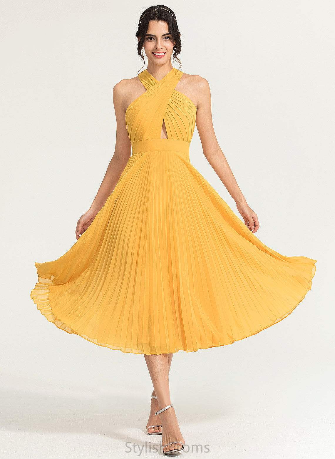 Tea-Length Yamilet With Pleated Cocktail Cocktail Dresses V-neck Dress A-Line Chiffon