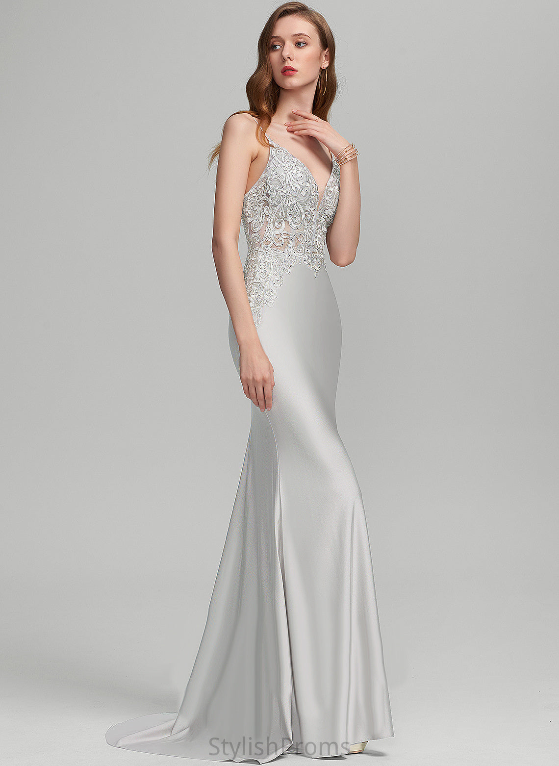 Sequins Train V-neck Prom Dresses Trumpet/Mermaid Sweep With Adelaide