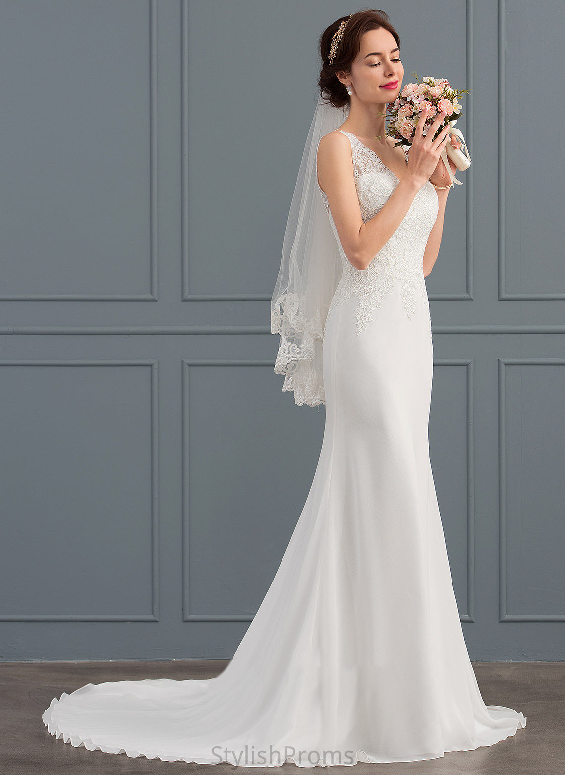 Lace Wedding Dresses Trumpet/Mermaid Corinne Dress V-neck Court Wedding Chiffon Train