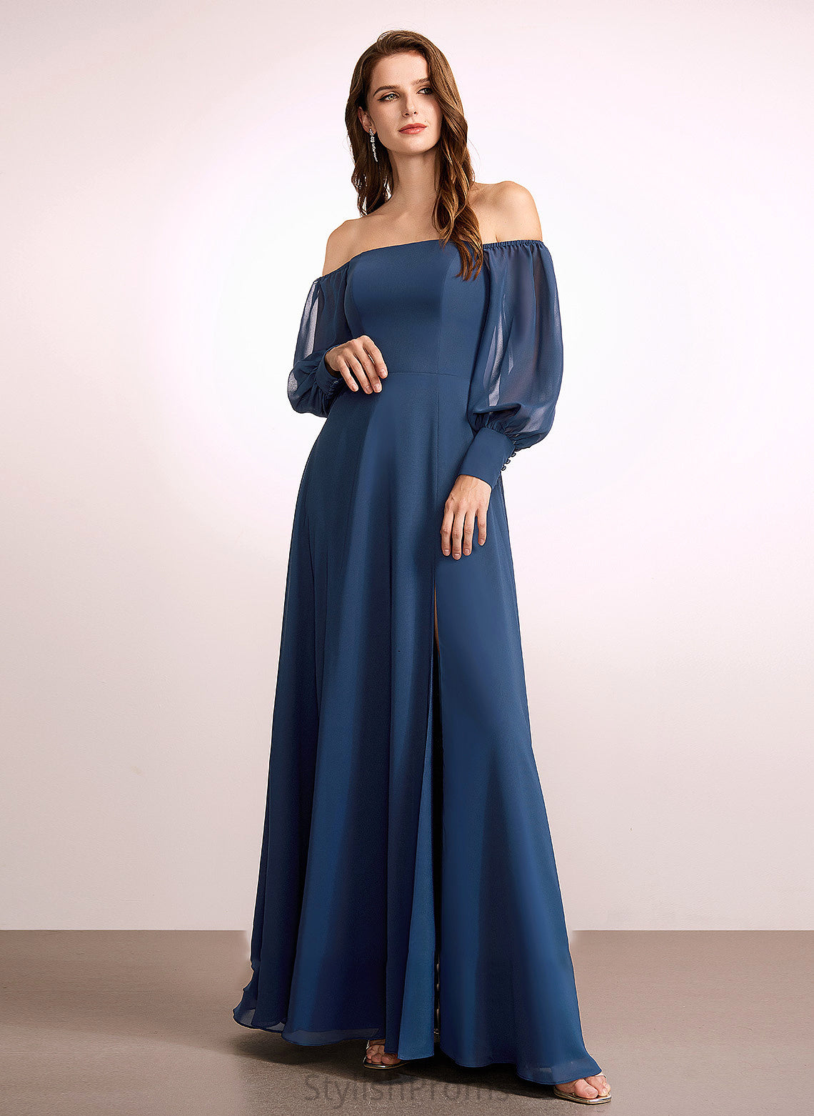 SplitFront Embellishment Length Silhouette Neckline A-Line Fabric Floor-Length Off-the-Shoulder Deborah Sleeveless Trumpet/Mermaid Bridesmaid Dresses