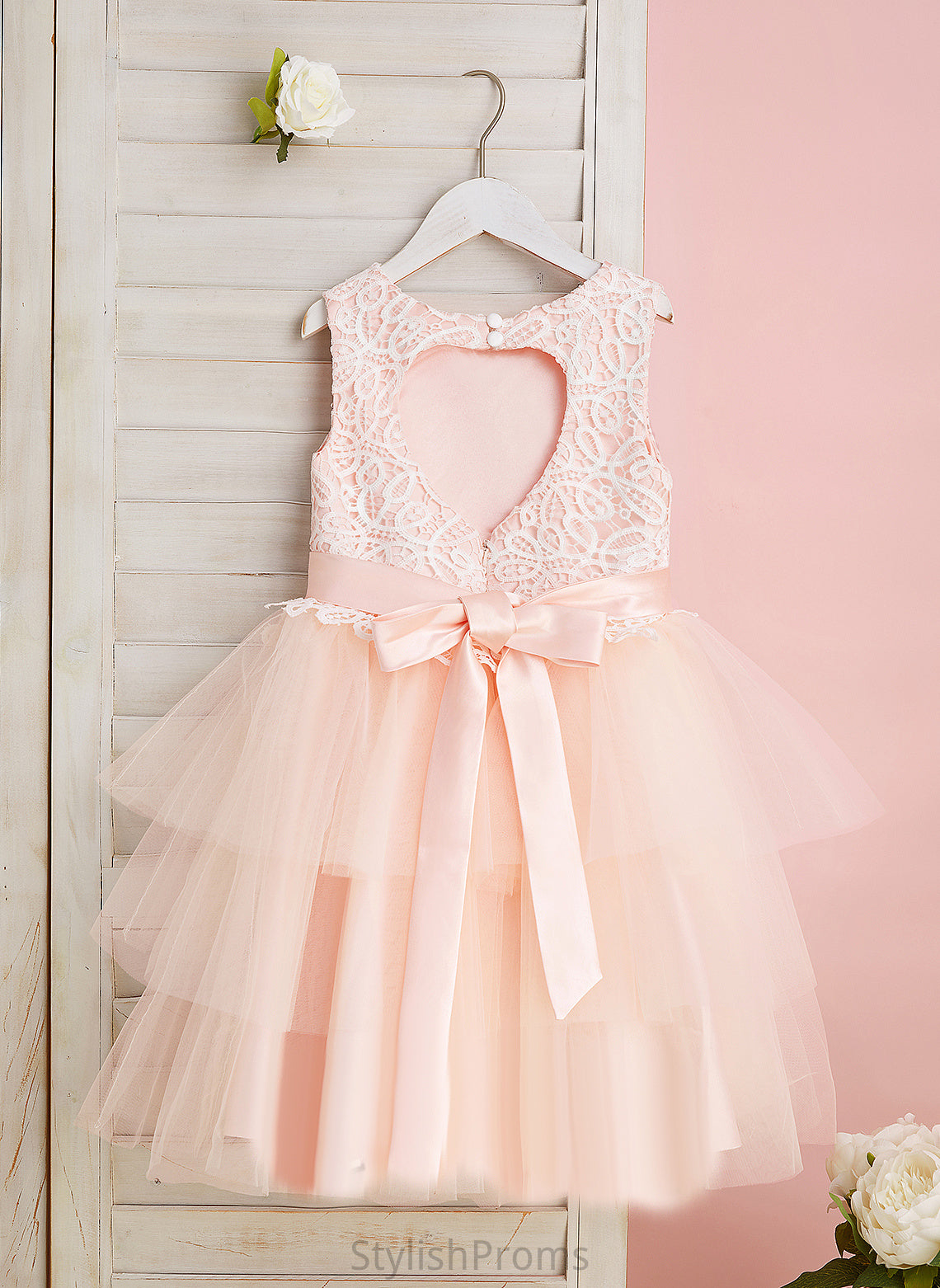 Flower With Satin/Tulle Clara Girl Dress Neck Ball-Gown/Princess Knee-length Flower Girl Dresses - Sleeveless Hole Scoop Lace/Flower(s)/Back