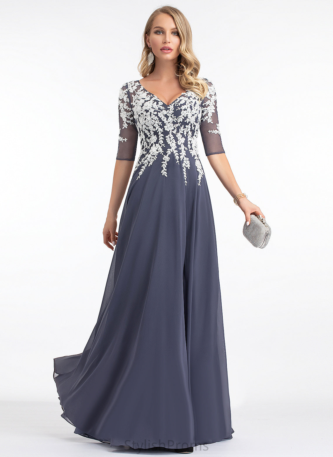 With Naomi Lace Floor-Length Chiffon Sequins A-Line V-neck Prom Dresses