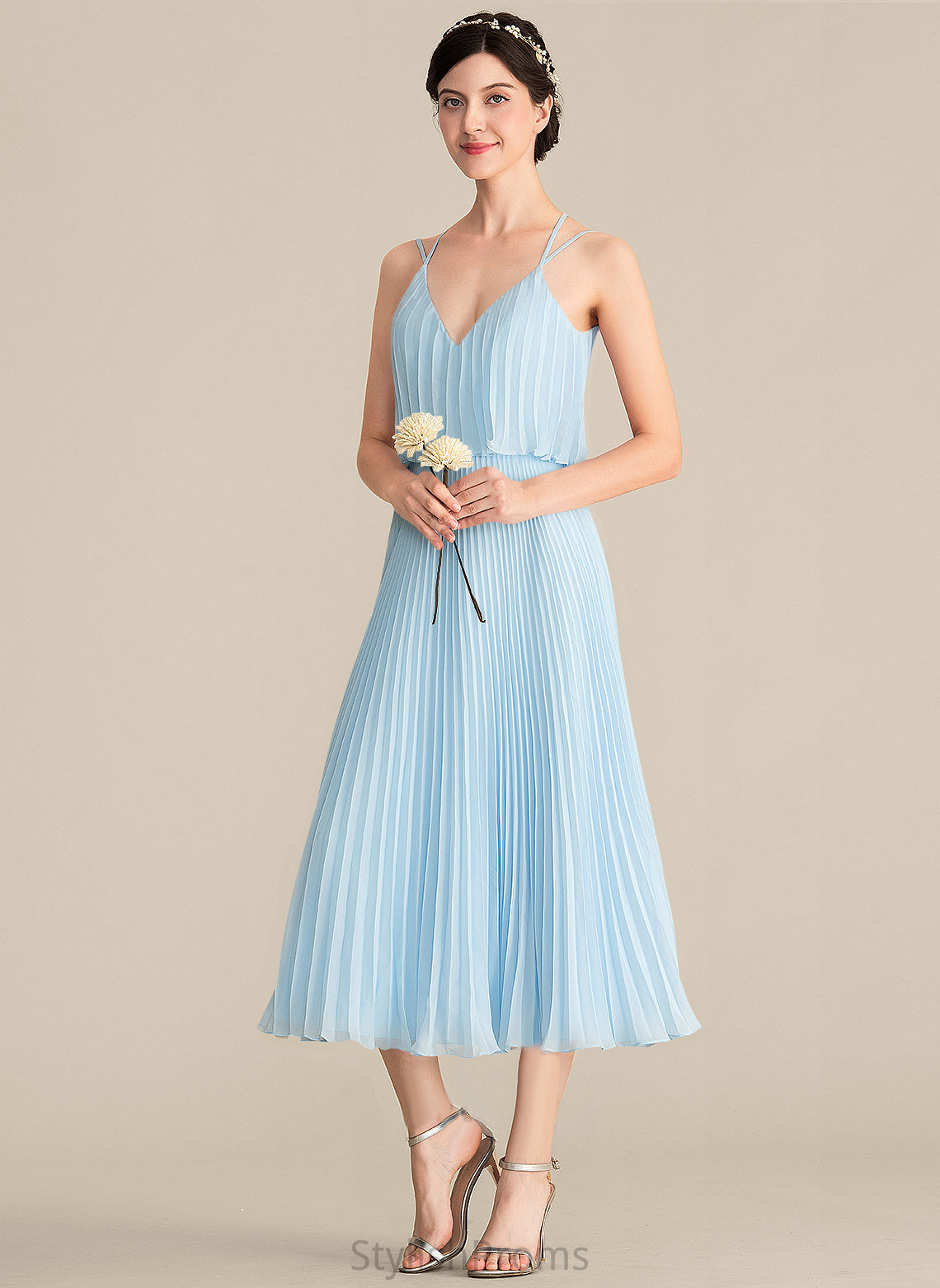 V-neck Dress A-Line Cocktail Dresses With Pleated Tea-Length Cocktail Charlotte Chiffon