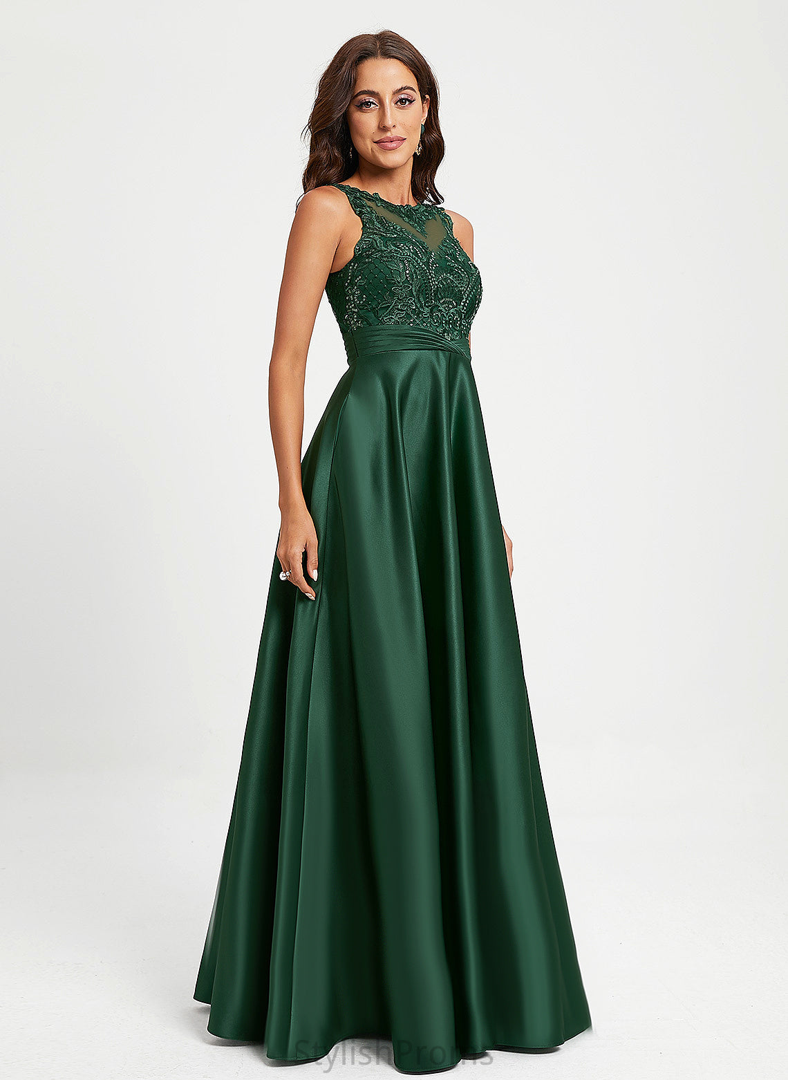 Jemima Lace Sequins Prom Dresses With Satin Scoop Floor-Length Ball-Gown/Princess