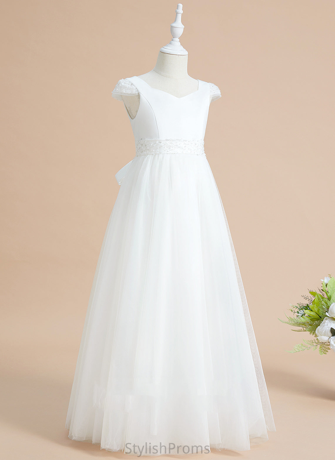 With Short - Flower Dress Flower Girl Dresses Ball-Gown/Princess Satin/Tulle Girl Floor-length Lyla Sleeves V-neck Beading/Bow(s)