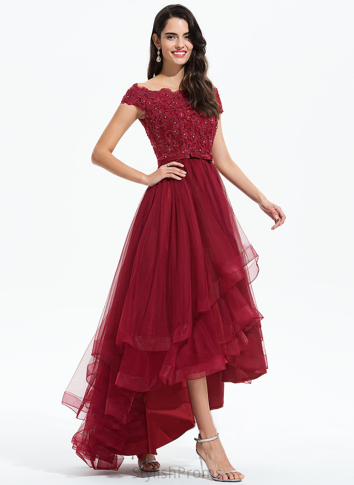 Lace Lace Paisley Asymmetrical With Beading Cocktail A-Line Cocktail Dresses Tulle Off-the-Shoulder Bow(s) Dress