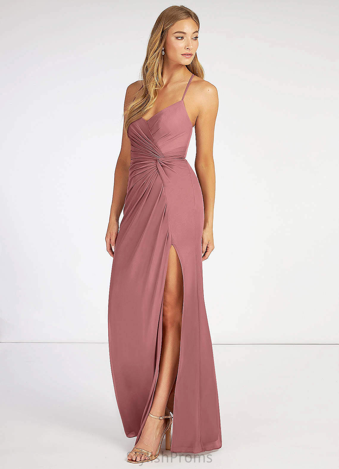 Esther Sleeveless V-Neck Sweep-Brush Train Natural Waist Spandex Trumpet/Mermaid Bridesmaid Dresses