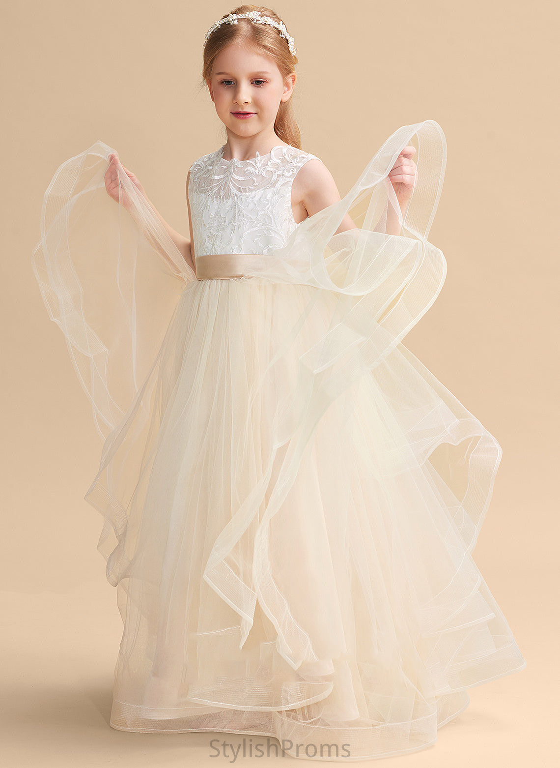 Ball-Gown/Princess Flower Floor-length Neck Flower Girl Dresses Girl - Tulle/Lace Scoop Sleeveless Campbell Dress