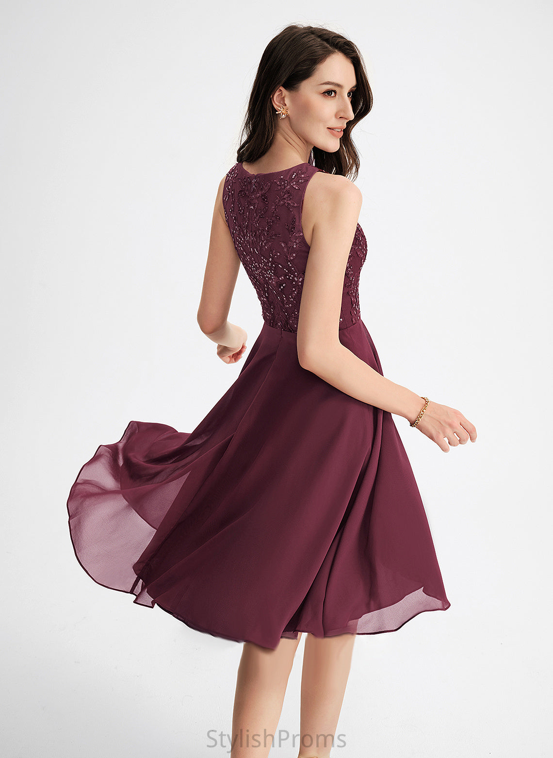 Chiffon Asymmetrical Scoop Cocktail Dresses Sequins Dress Neck Lace Cocktail A-Line With Halle