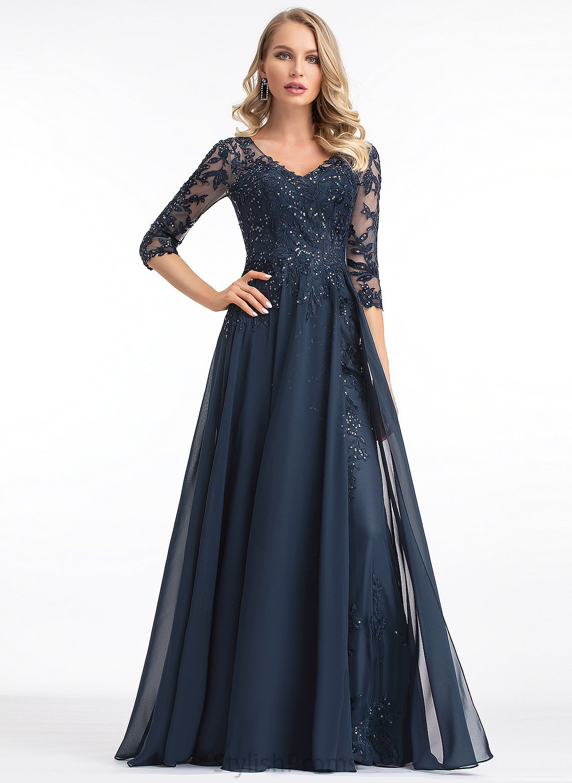 With Sequins Mckinley Floor-Length A-Line Chiffon V-neck Lace Prom Dresses