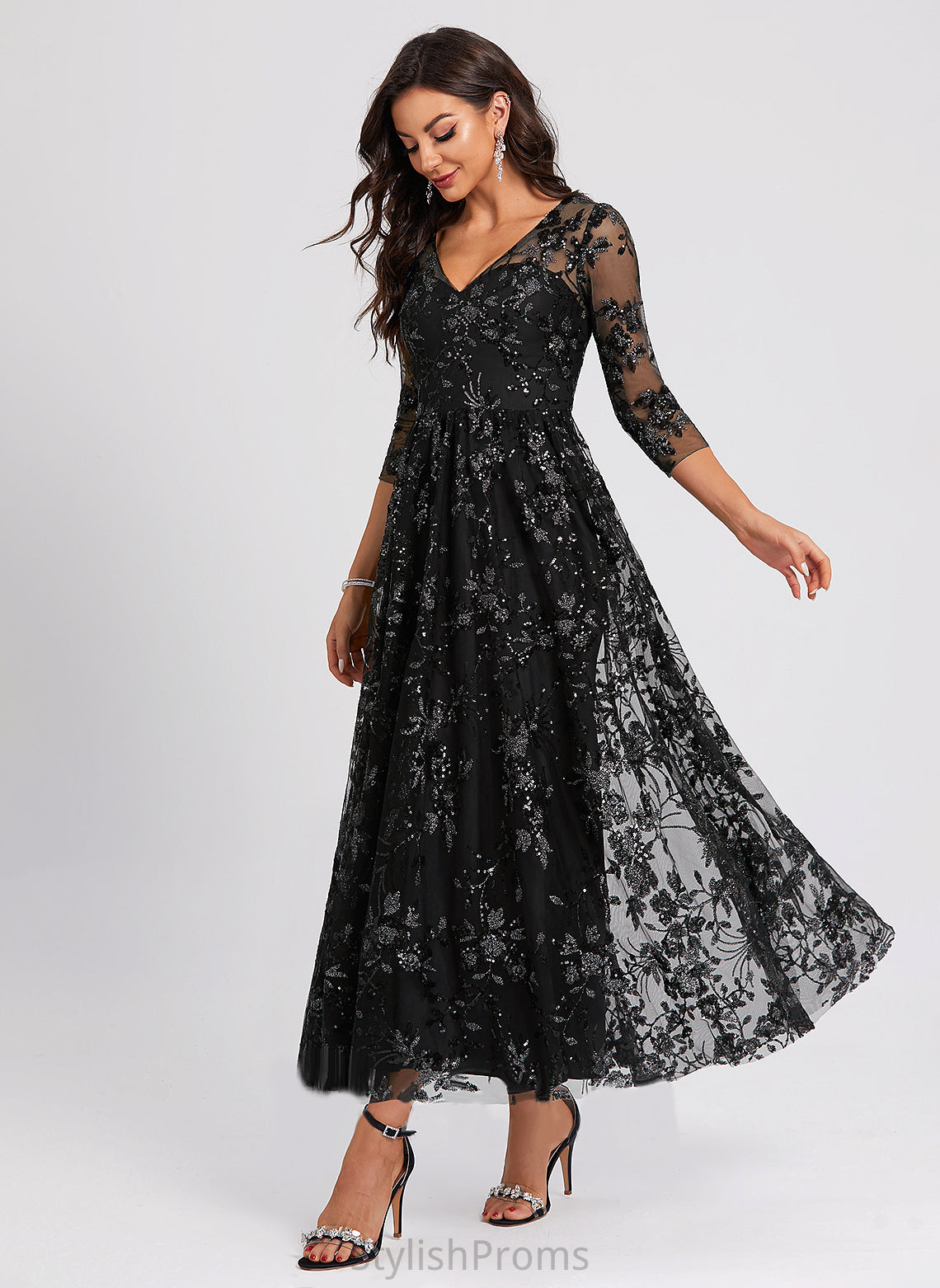 Rosalyn A-Line Dress Cocktail Dresses Sequined V-neck Lace Ankle-Length Cocktail