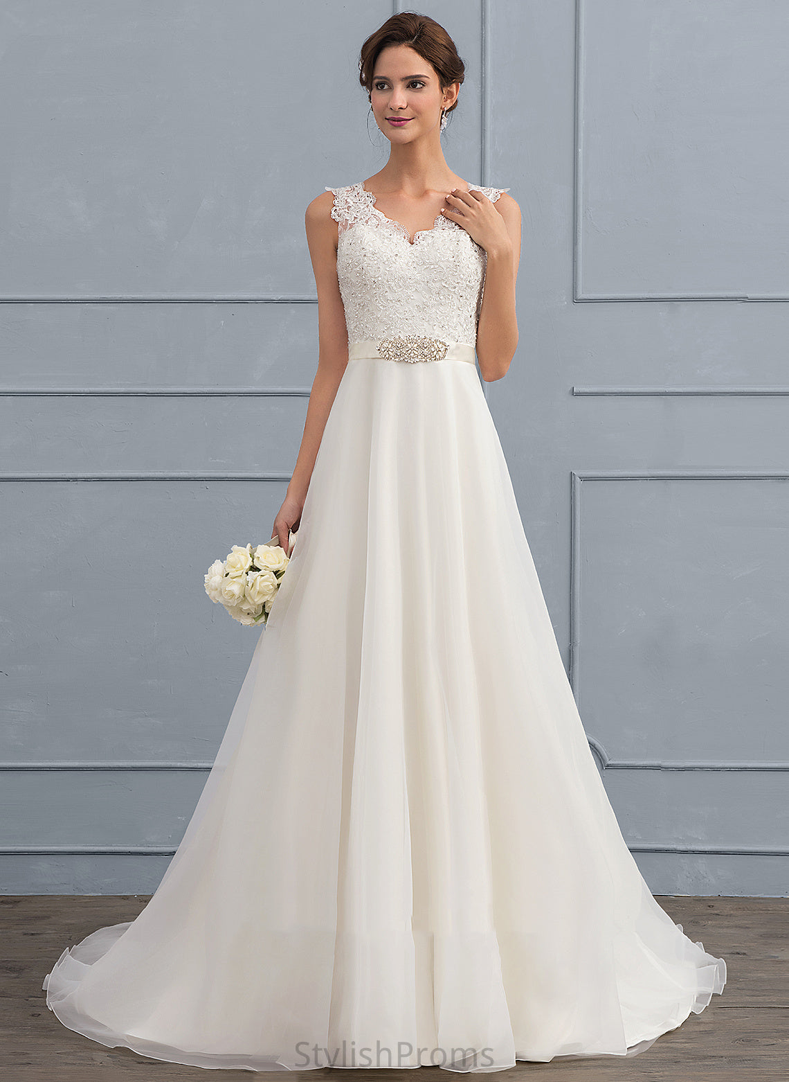 Dress V-neck With Arabella Wedding Lace Beading Organza Train Bow(s) Sweep A-Line Wedding Dresses