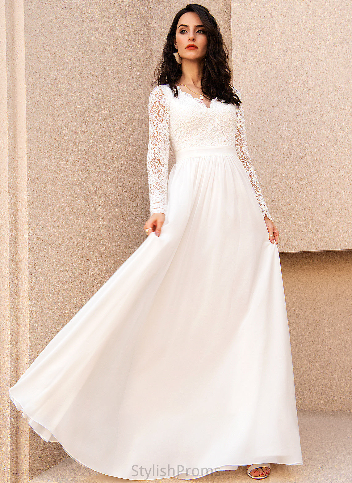 Floor-Length Lace Dress A-Line Elaina Wedding Chiffon With V-neck Wedding Dresses