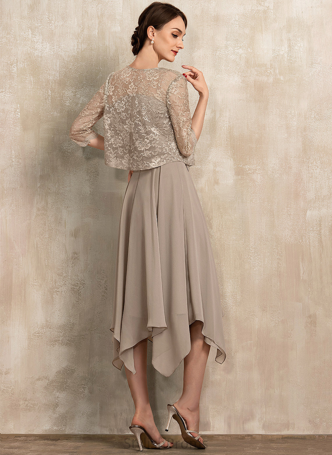 Chiffon Neck Asia Tea-Length Cocktail Dresses Bow(s) Scoop Dress Cocktail A-Line With Lace