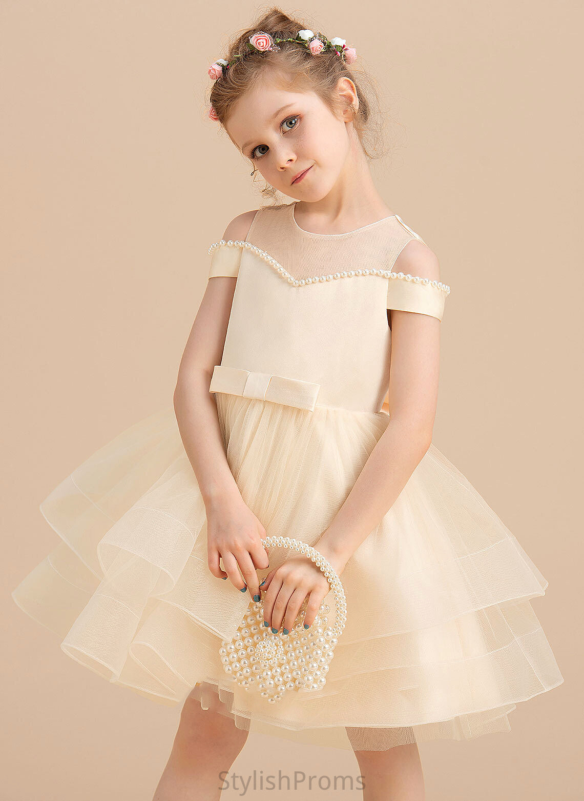 Karma Ball-Gown/Princess Girl Satin/Tulle Sleeveless Beading/Bow(s) Flower Dress Flower Girl Dresses Knee-length - With Neck Scoop