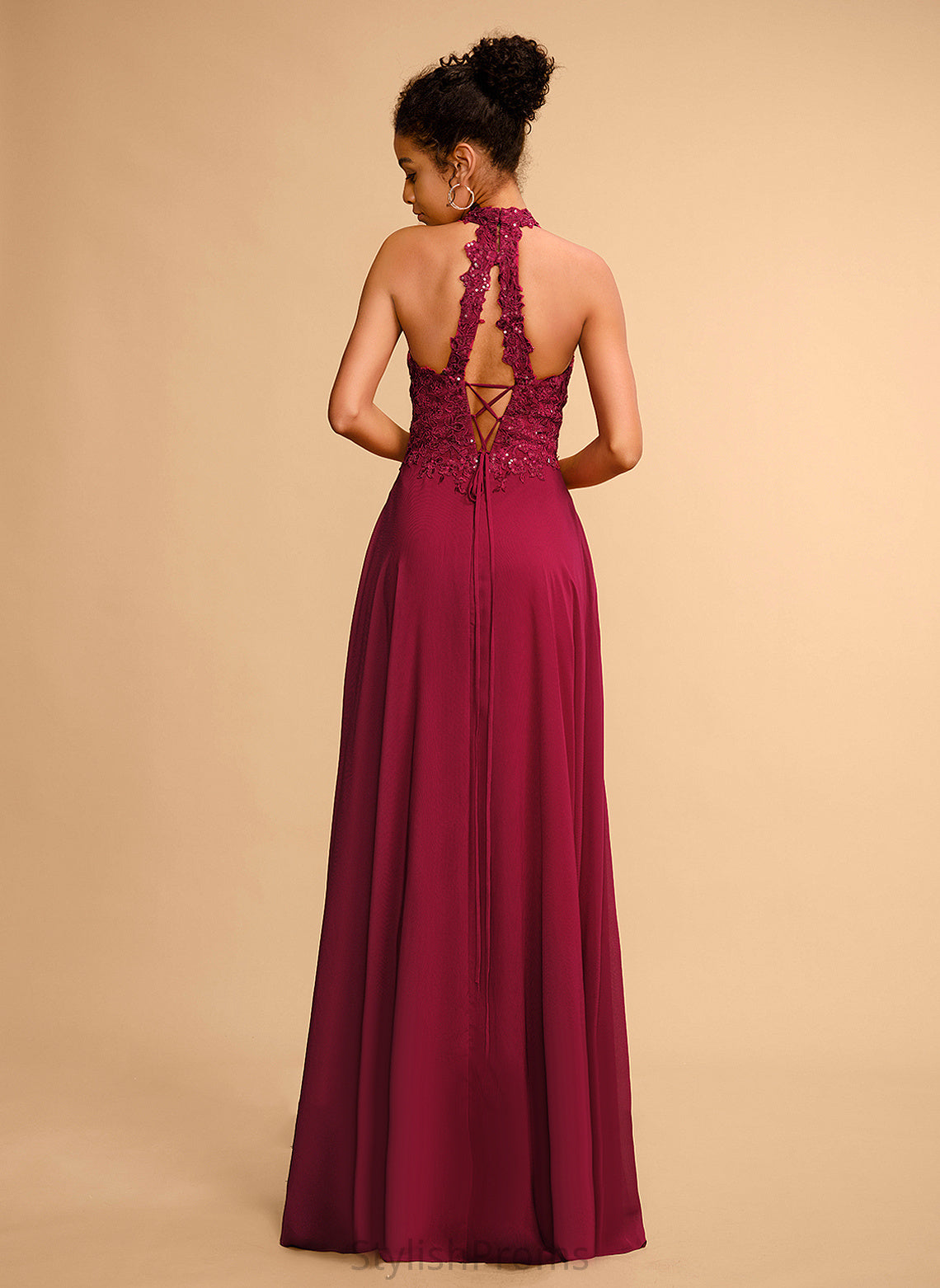 A-Line With Halter Amari Prom Dresses Chiffon Lace Floor-Length Sequins