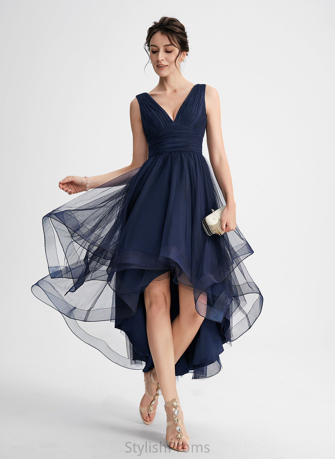 With Cocktail Dresses Meredith Tulle Cocktail Dress Cascading A-Line V-neck Pleated Ruffles Asymmetrical