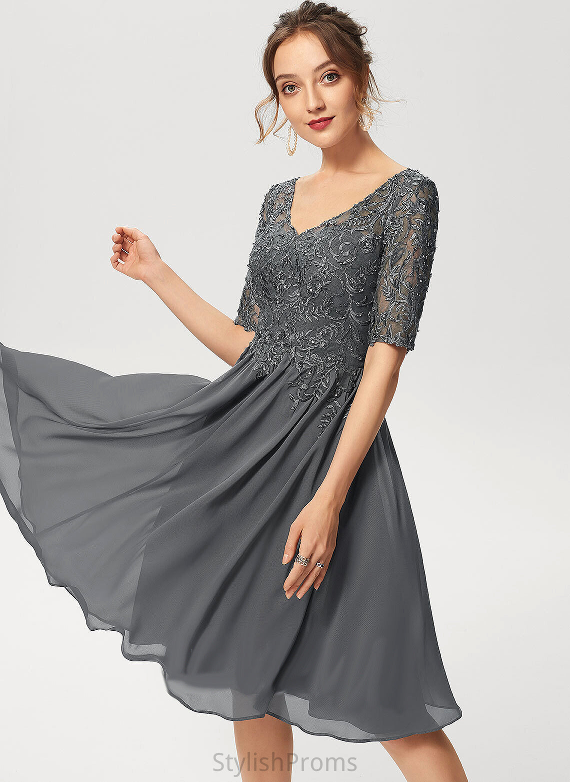 Lace V-neck With Chiffon Cocktail Annie Knee-Length Beading Dress A-Line Sequins Cocktail Dresses