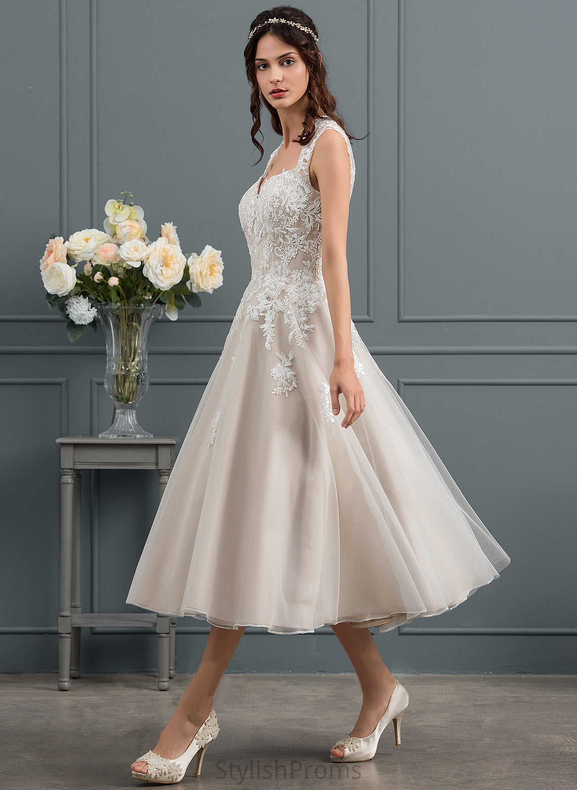 Tea-Length Ball-Gown/Princess Dress With Tulle Wedding Dresses Wedding Sweetheart Sofia Sequins Lace