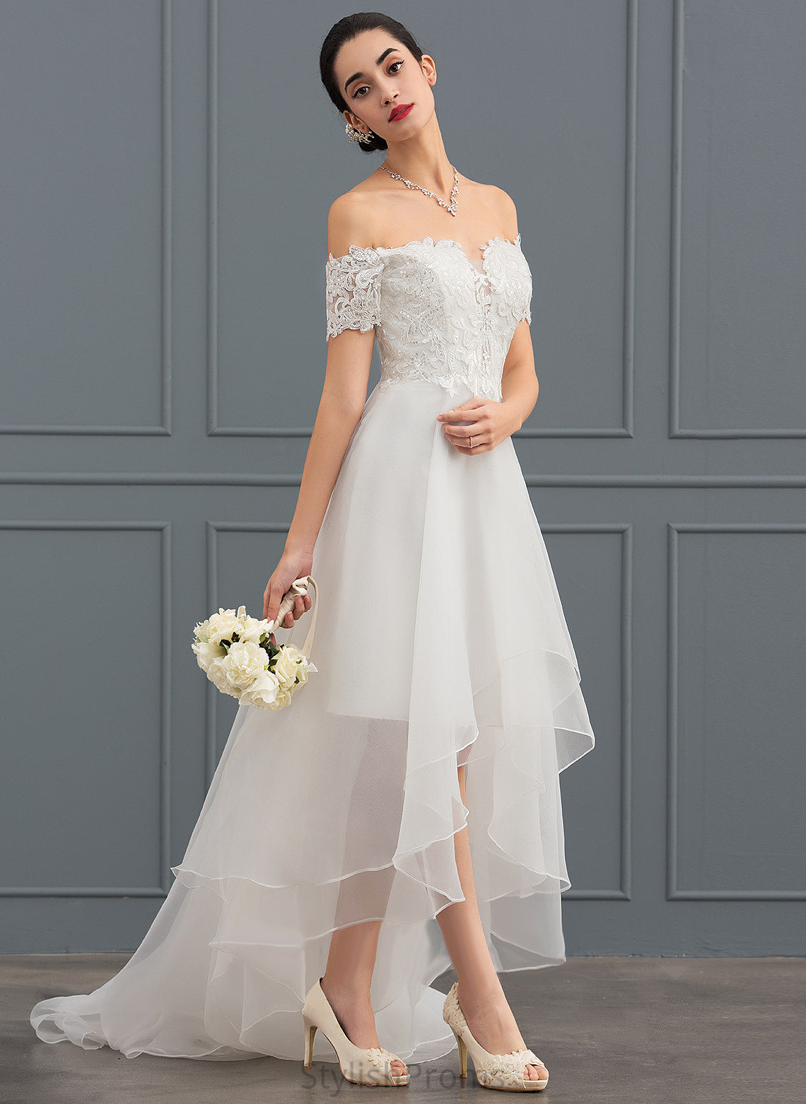 A-Line Dress Organza Isabel Lace Wedding Dresses Sequins Wedding With Asymmetrical