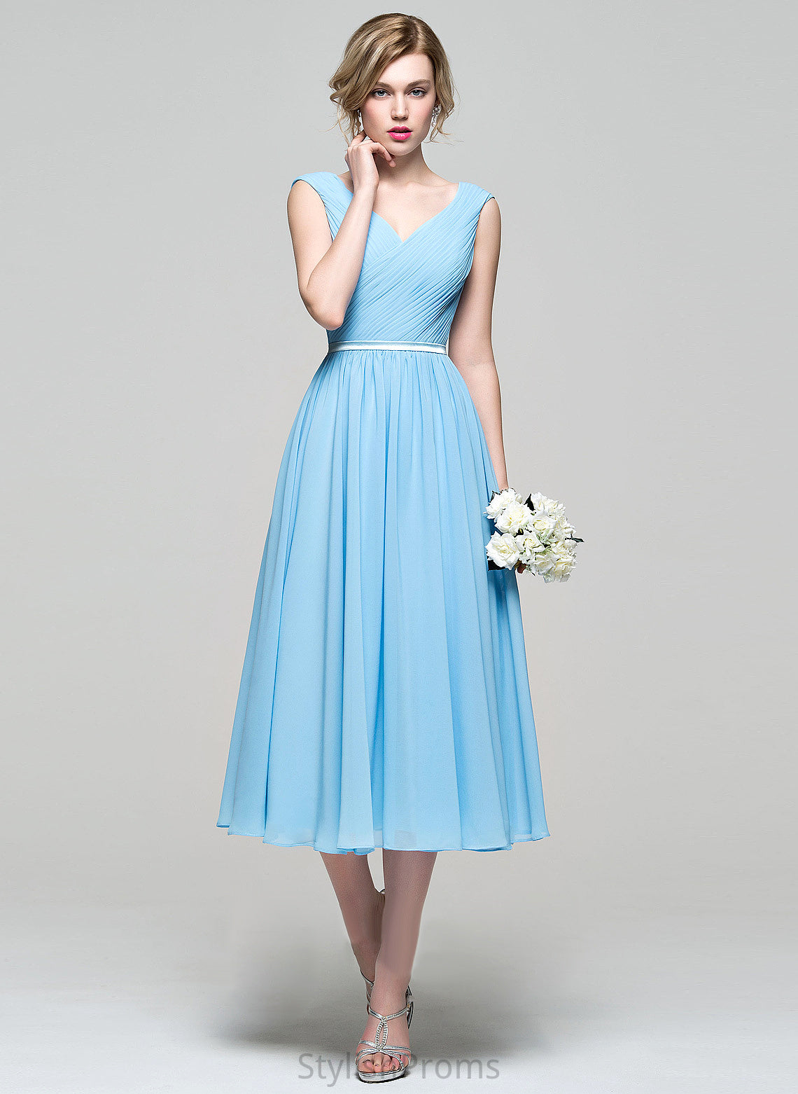 Chiffon With Cocktail Charmeuse Dress Tea-Length Cocktail Dresses Ruffle V-neck A-Line Luz