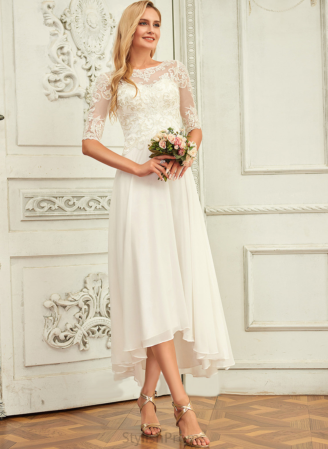 Lace Scoop Neck A-Line Chiffon Wedding Dresses Wedding With Sequins Asymmetrical Beading Dress Ruby