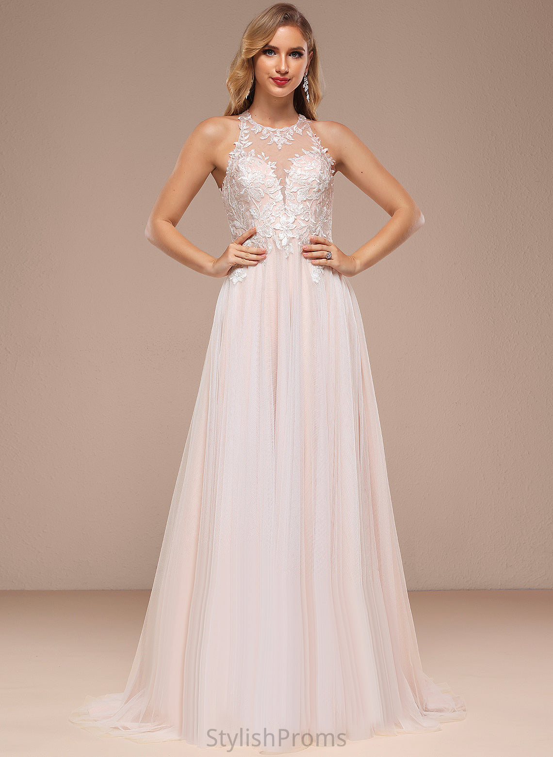 Sequins Dress Halter Jaycee Tulle Lace Wedding With Sweep Beading A-Line Wedding Dresses Train