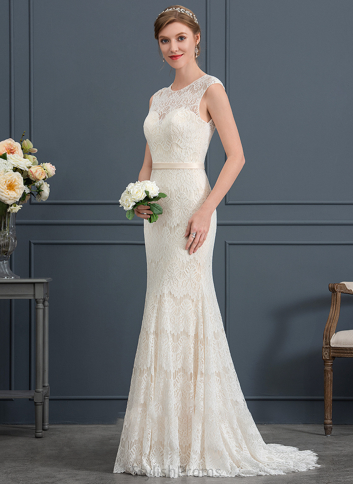 Sweep Lace Train Julia Trumpet/Mermaid Neck Wedding Dress Scoop Wedding Dresses