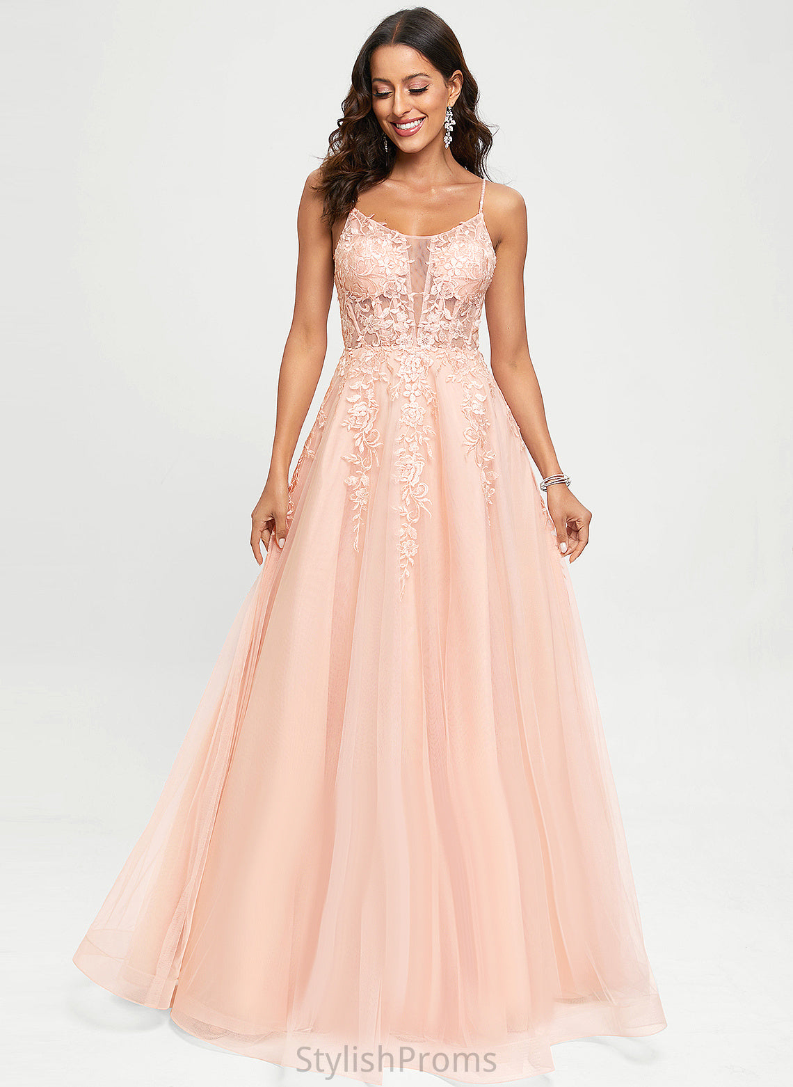 A-Line Prom Dresses Scoop Abagail With Floor-Length Lace Tulle Sequins