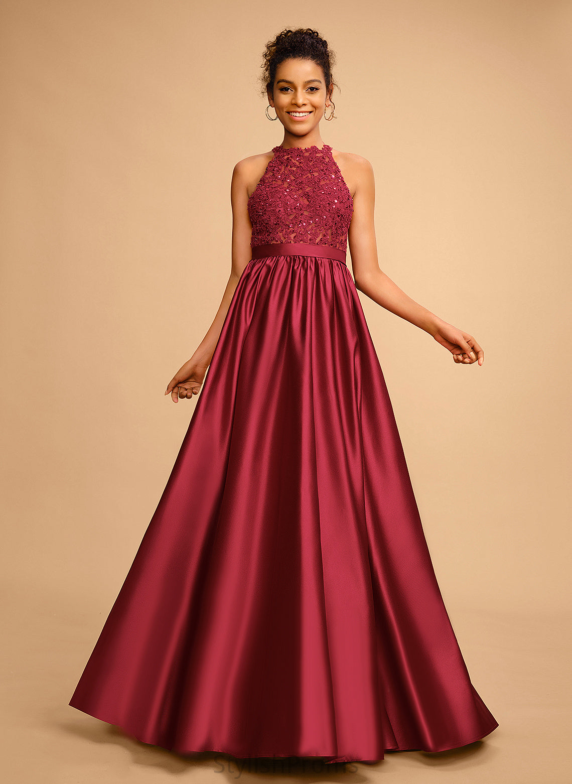 With Ball-Gown/Princess Lace Floor-Length Satin Prom Dresses Sequins Tamara Halter