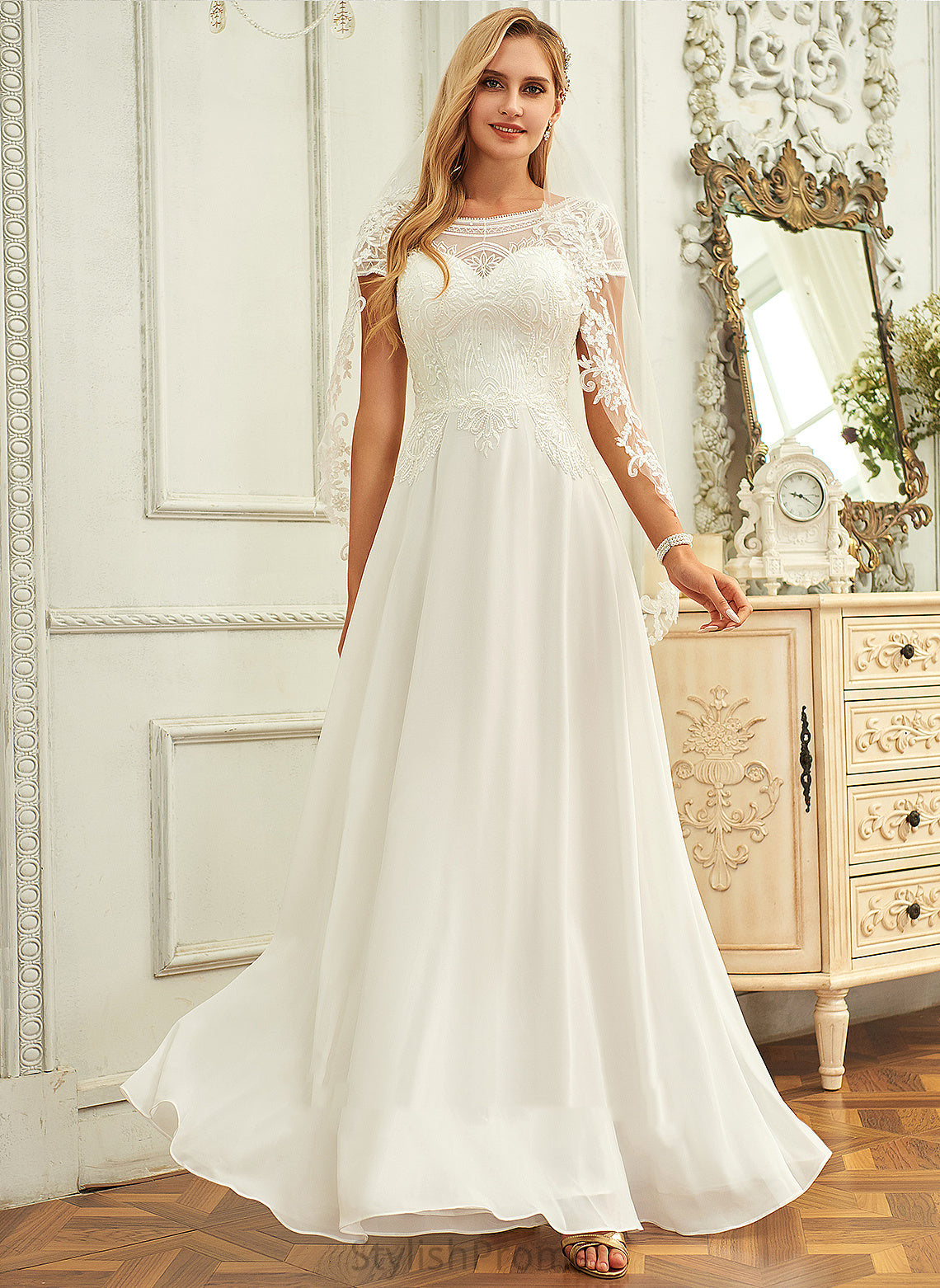 Chiffon Wedding Sequins Wedding Dresses Lace With Dress Floor-Length Scoop Louise