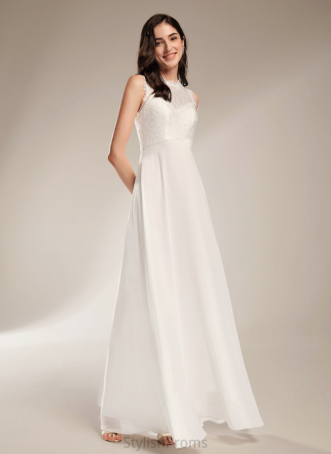 Lace Wedding Dresses With Neck A-Line Wedding Tricia Dress Chiffon Floor-Length Scoop