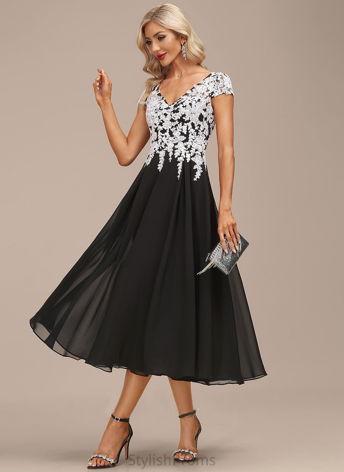 Cocktail Dresses Lace V-neck Kimberly A-Line Chiffon Cocktail Dress Tea-Length