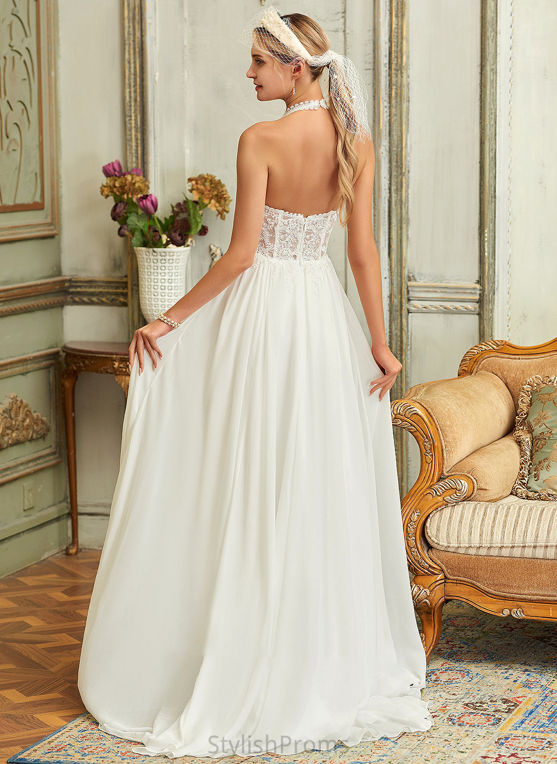 Essence Sweep A-Line Wedding Dresses Chiffon Dress Halter Wedding Lace Train