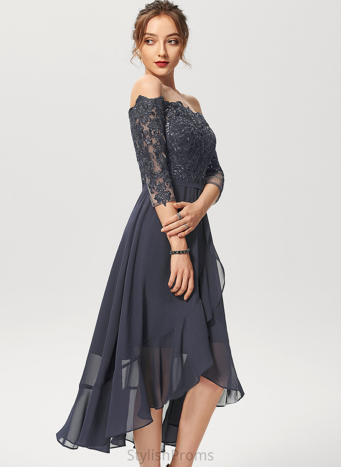 Asymmetrical A-Line Sequins Chiffon Cocktail Lace Dress Stephany Off-the-Shoulder With Cocktail Dresses